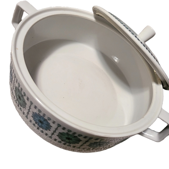 MCM 70s Saturn China Casserole Serving Dish Atomic Blue/Mint Floral Design~Japan - Picture 3 of 5